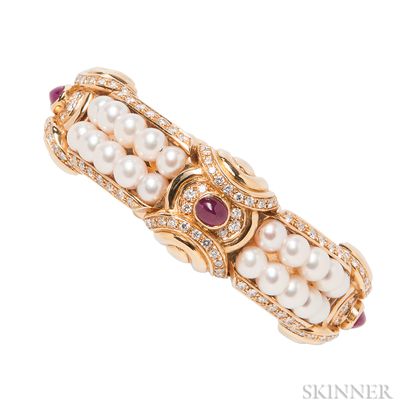 18kt Gold, Cultured Pearl, Diamond, and Ruby Bracelet