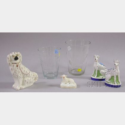 Four Assorted Staffordshire-type Figures and Two Colorless Etched Blown Glass Flips
