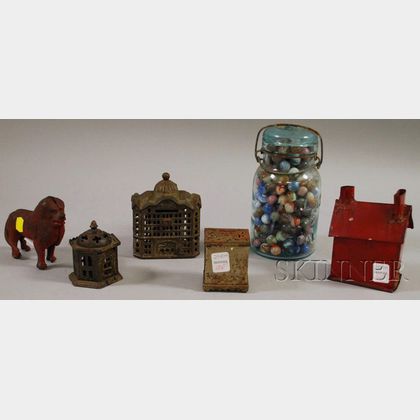 Aqua Glass Canning Jar of Glass Marbles, Four Painted Cast Iron Still Banks, and a Red-painted Tin House-form Bank