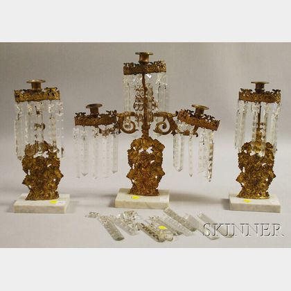 Three-piece Brass and Marble Girandole Set