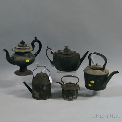 One Pewter and Four Tin Make-do Teapots