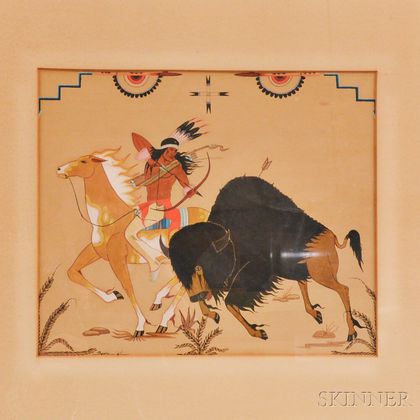 Framed Gouache Painting of a Buffalo Hunt