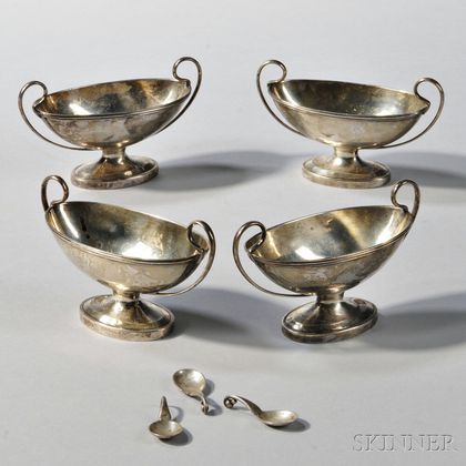 Four Arthur Stone Sterling Silver Salt Cellars and Three Georg Jensen Sterling Silver Salt Spoons