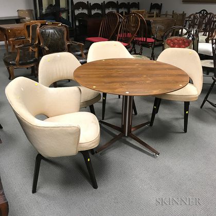 Dunbar Rosewood Veneer Round Table and Four Upholstered Chairs