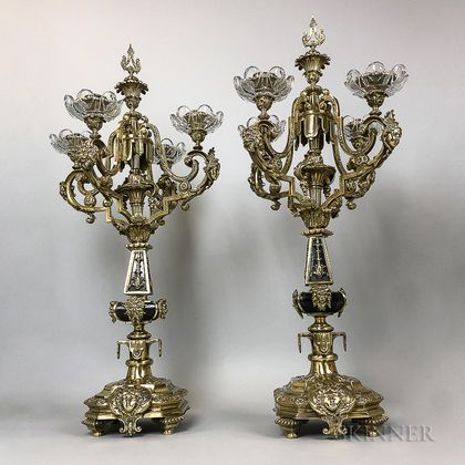 Pair of Neoclassical-style Brass and Glass Four-light Candelabra