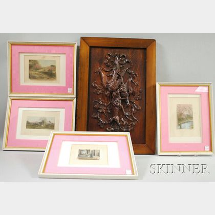 Four Framed Small Wallace Nutting Hand-colored Photographic Prints and a Late Victorian Carved Oak Panel Depicting Game