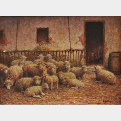 George Arthur Hays (American, 1854-1934) Sheep at Rest Near a Barn Door