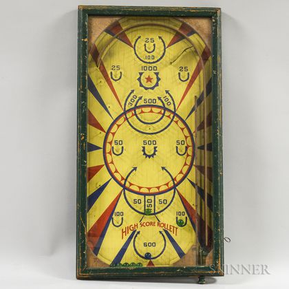 Early Lithographed Wood and Glass Pinball Game