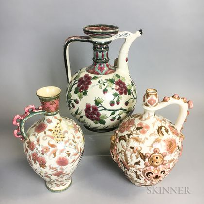 Three Zsolnay Floral-decorated Ceramic Pitchers