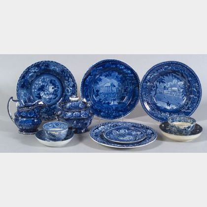 Nine Assorted Blue Transfer Decorated Staffordshire Pottery Table Items