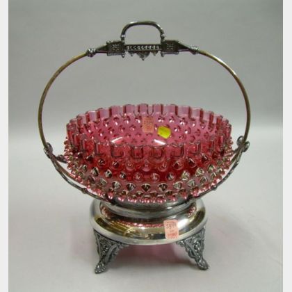 Victorian Silver Plated and Cranberry Hobnail Glass Basket. 