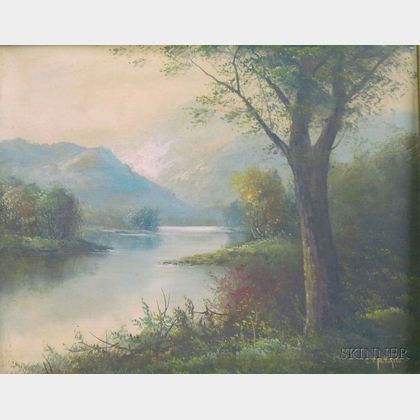 Framed Late 19th/Early 20th Century American School Oil on Canvas Mountain Lake Landscape