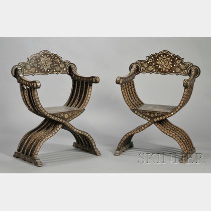Pair of Hispano-Moresque Bone-inlaid Hardwood Curule-form Chairs