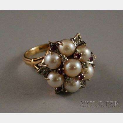 14kt Gold, Pearl, Ruby, and Diamond Cluster Ring