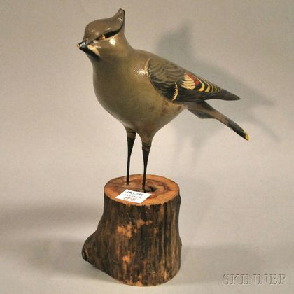 Folk Carved and Painted Cedar Waxwing Figure on Stand