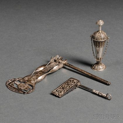 Silver and Silver Filigree Scent Bottle and Two Miniature Silver Purim Noisemakers
