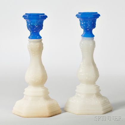 Two Clambroth and Blue Acanthus Leaf Candlesticks