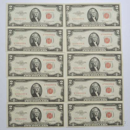 Ten 1953 $2 Uncirculated Consecutive Serial Number Legal Tender Notes. Estimate $30-50