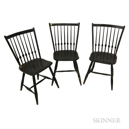 Three Black-painted Bamboo-turned Arrow-back Windsor Side Chairs