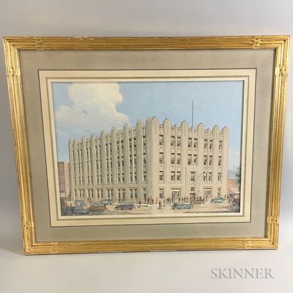 Framed Architectural Gouache Rendering of a Building and Automobiles