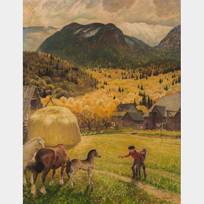 John Ford Clymer (American, 1907-1989) Belgian Horse Farm
