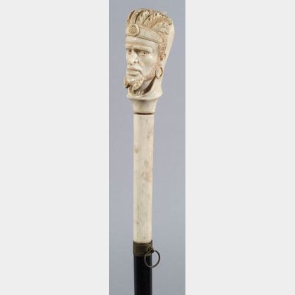 Carved Ivory and Ebony Figural Walking Stick
