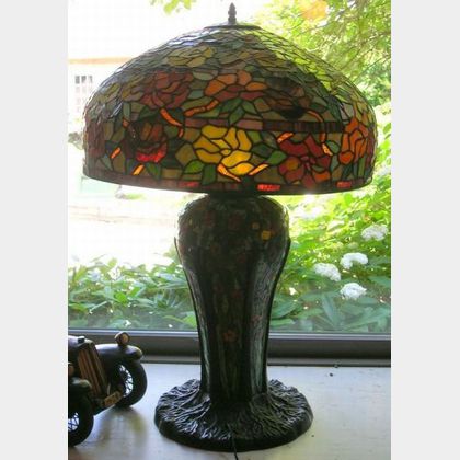 Large "Tiffany-style" Leaded Slag Glass, Mosaic, and Patinated Metal Table Lamp