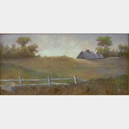 Framed Oil on Canvas Landscape with House and Field