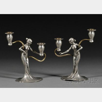 Pair of Art Nouveau Pewter Two-light Candelabra