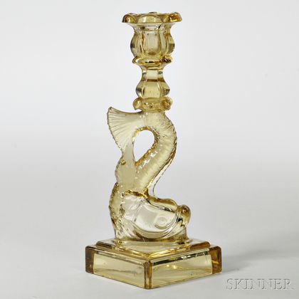 Light Amber Pressed Glass Dolphin Candlestick