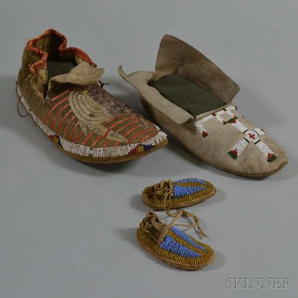 Two Single Moccasins and a Beaded Miniature Pair