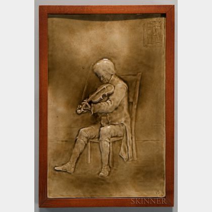 Framed J. & J.G. Low Art Tile Works Art Pottery Tile of a Man Playing the Violin 
