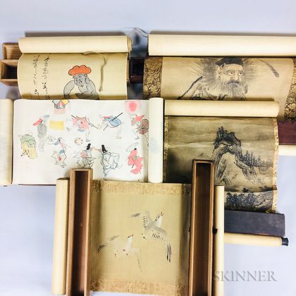 Five Boxed Japanese Shoki Scroll Paintings. Estimate $1,000-1,500