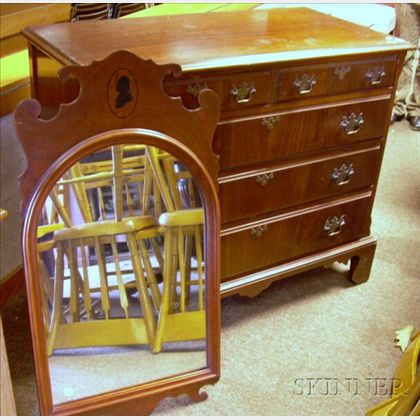 Chippendale-style Mahogany Veneer Chest of Drawers and a Mirror. 