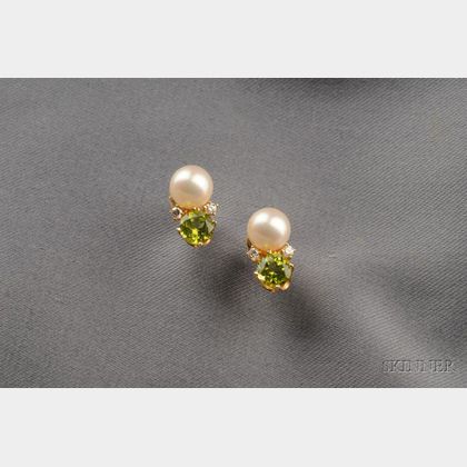 14kt Gold, Cultured Pearl, and Peridot Earrings, Tiffany & Co.
