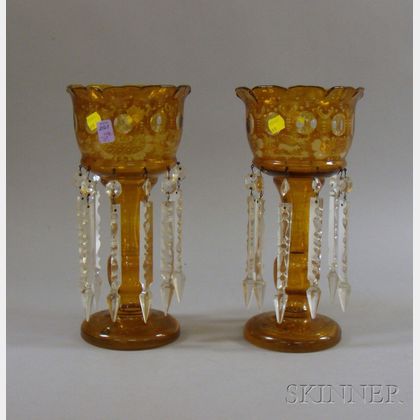 Pair of Bohemian Amber Flash Etched Glass Lustre Garnitures with Prisms