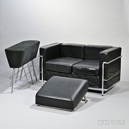 Corbusier Inspired Leather Chair and Footstool; and a Bar Bench