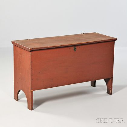 Small Red-painted Pine Storage Chest with Cutout Ends