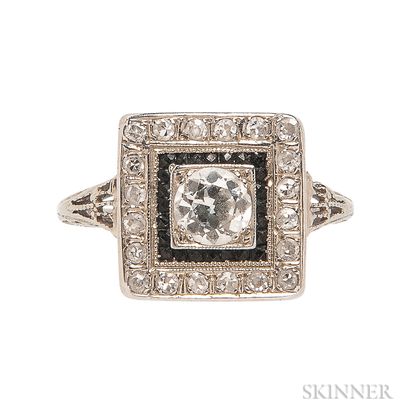Art Deco White Gold, Diamond, and Onyx Ring