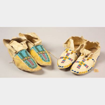 Two Pairs of Southern Plains Beaded Hide Moccasins