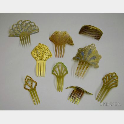 Nine Colored Paste Embellished Faux Tortoiseshell and Ivorine Hair Combs. 