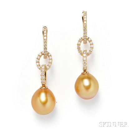 18kt Gold, Golden South Sea Pearl, and Diamond Earpendants
