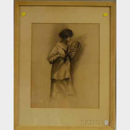 Early 20th Century American School Charcoal Portrait of a Young Female Tennis Player
