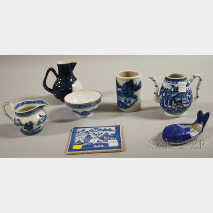 Seven Chinese Export Blue and White Porcelain Table Items