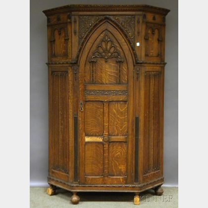 Gothic-style Part-ebonized Carved Oak Dressing Cabinet