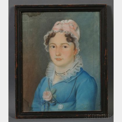American School, Early 19th Century Portrait of a Young Woman in a Blue Gown Adorned with a Pink Rose.