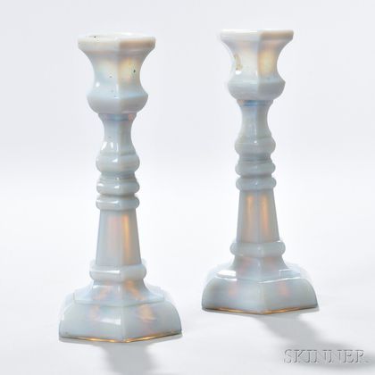 Pair of Opalescent Pressed Glass Hexagonal Candlesticks