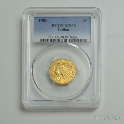 1908 $5 Indian Head Gold Coin, PCGS MS63. Estimate $300-500