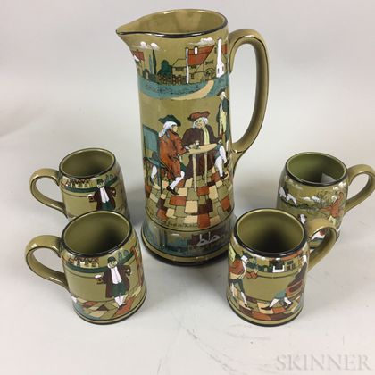 Buffalo Pottery "Ye Olden Days" Deldare Ware Pitcher and Four Mugs