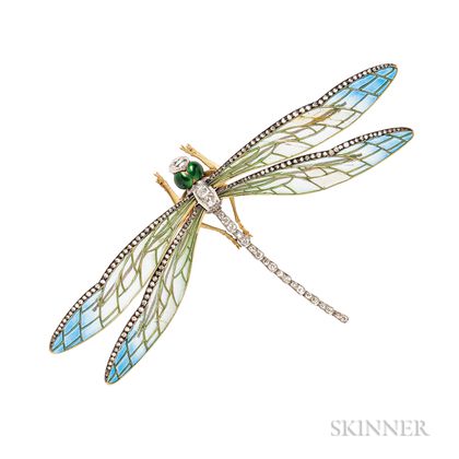 Art Nouveau Style Plique-a-Jour Enamel and Diamond Dragonfly Brooch